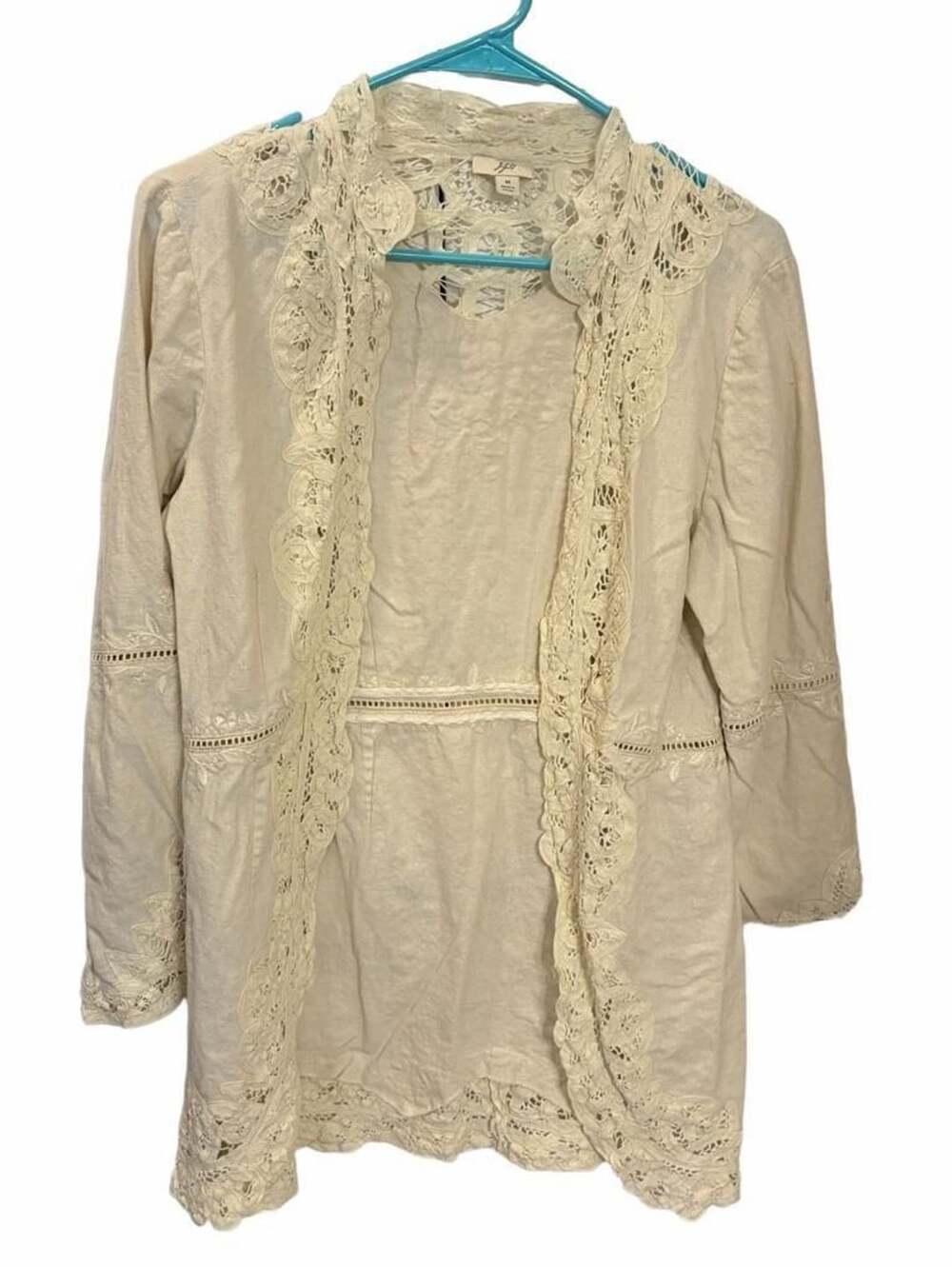 J. Jill Linen Blend Lace Open Front Cardigan M Ivory Boho Crochet Romantic